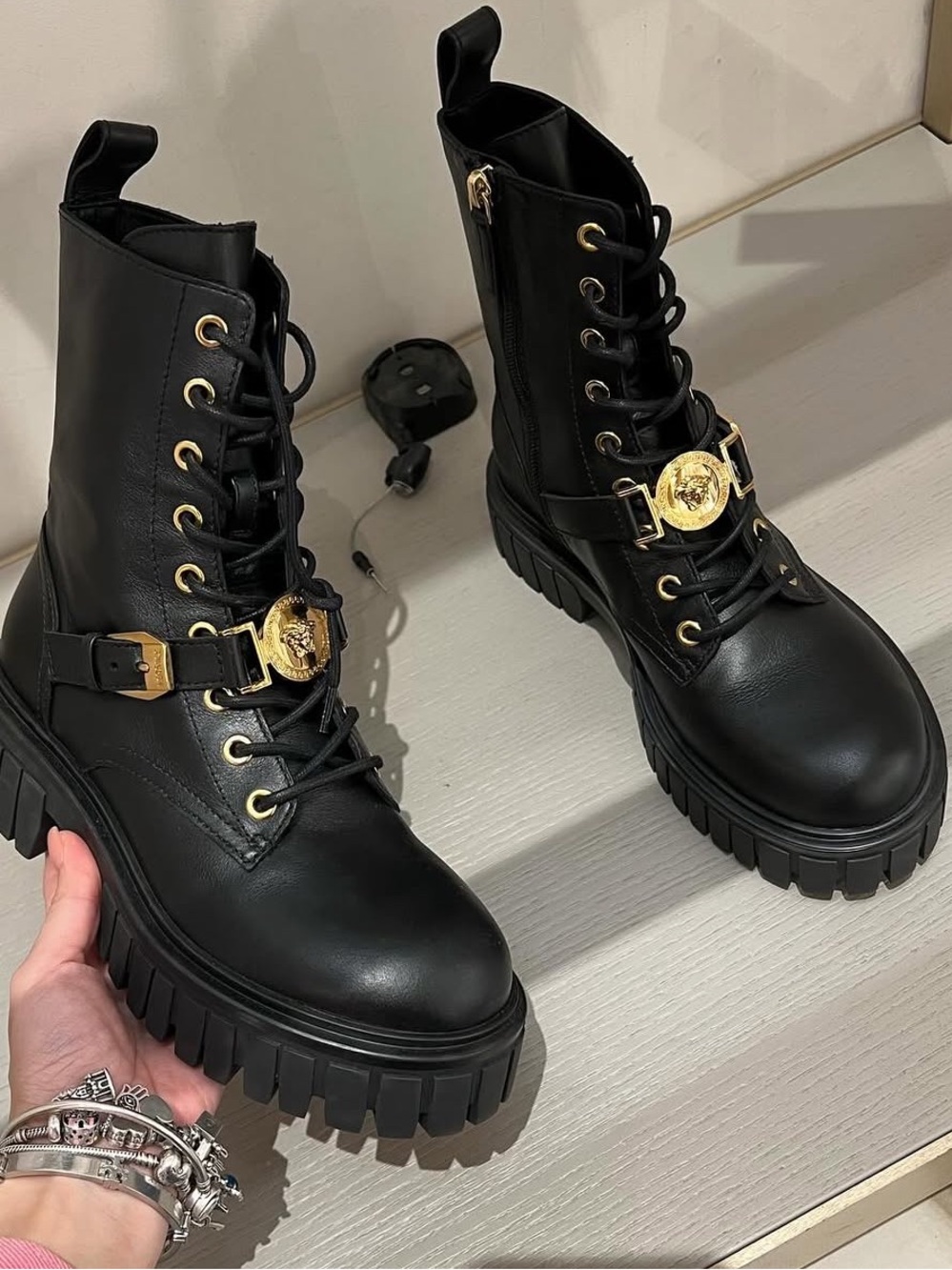 Black Leather Combat Boots with Gold Buckle